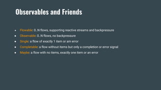Observables and Friends
● Flowable: 0..N flows, supporting reactive streams and backpressure
● Observable: 0..N flows, no backpressure
● Single: a flow of exactly 1 item or am error
● Completable: a flow without items but only a completion or error signal
● Maybe: a flow with no items, exactly one item or an error
 