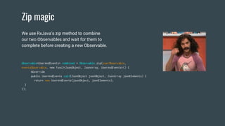 Zip magic
Observable<UserAndEvents> combined = Observable.zip(userObservable,
eventsObservable, new Func2<JsonObject, JsonArray, UserAndEvents>() {
@Override
public UserAndEvents call(JsonObject jsonObject, JsonArray jsonElements) {
return new UserAndEvents(jsonObject, jsonElements);
}
});
We use RxJava’s zip method to combine
our two Observables and wait for them to
complete before creating a new Observable.
 