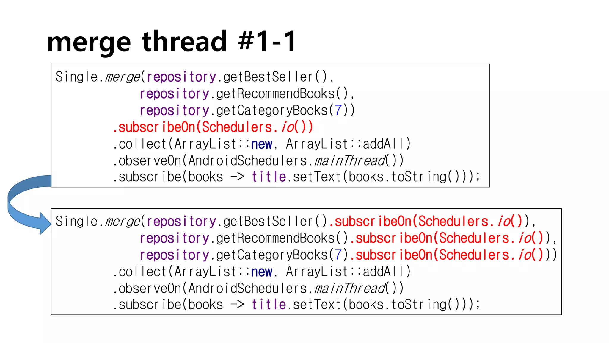merge thread #1-1
Single.merge(repository.getBestSeller(),
repository.getRecommendBooks(),
repository.getCategoryBooks(7))
.subscribeOn(Schedulers.io())
.collect(ArrayList::new, ArrayList::addAll)
.observeOn(AndroidSchedulers.mainThread())
.subscribe(books -> title.setText(books.toString()));
Single.merge(repository.getBestSeller().subscribeOn(Schedulers.io()),
repository.getRecommendBooks().subscribeOn(Schedulers.io()),
repository.getCategoryBooks(7).subscribeOn(Schedulers.io()))
.collect(ArrayList::new, ArrayList::addAll)
.observeOn(AndroidSchedulers.mainThread())
.subscribe(books -> title.setText(books.toString()));
 