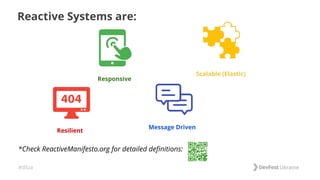 #dfua
Reactive Systems are:
*Check ReactiveManifesto.org for detailed definitions:
Message Driven
Responsive
Resilient
Scalable (Elastic)
 