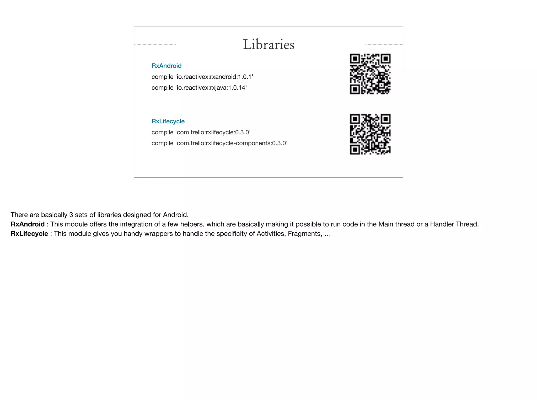 RxAndroid
compile 'io.reactivex:rxandroid:1.0.1'

compile 'io.reactivex:rxjava:1.0.14'

RxLifecycle
compile 'com.trello:rxlifecycle:0.3.0'

compile 'com.trello:rxlifecycle-components:0.3.0'
Libraries
There are basically 3 sets of libraries designed for Android.

RxAndroid : This module oﬀers the integration of a few helpers, which are basically making it possible to run code in the Main thread or a Handler Thread.

RxLifecycle : This module gives you handy wrappers to handle the speciﬁcity of Activities, Fragments, …
 