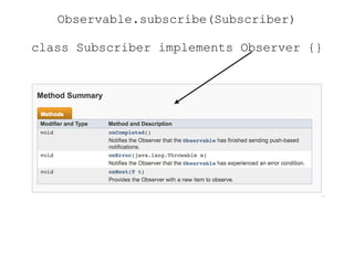 Observable.subscribe(Subscriber)
class Subscriber implements Observer {}
 