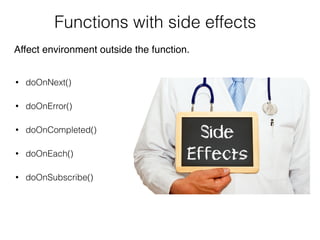Functions with side effects
• doOnNext()
• doOnError()
• doOnCompleted()
• doOnEach()
• doOnSubscribe()
Affect environment outside the function.
 