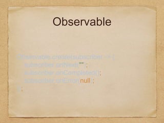 Observable
Observable.create(subscriber -> { 
subscriber.onNext(""); 
subscriber.onCompleted(); 
subscriber.onError(null); 
});
 