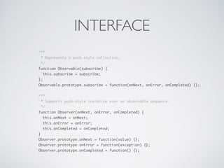 INTERFACE
/** 
* Represents a push-style collection. 
*/ 
function Observable(subscribe) { 
this.subscribe = subscribe; 
}; 
Observable.prototype.subscribe = function(onNext, onError, onCompleted) {}; 
 
/** 
* Supports push-style iteration over an observable sequence. 
*/ 
function Observer(onNext, onError, onCompleted) { 
this.onNext = onNext; 
this.onError = onError; 
this.onCompleted = onCompleted; 
} 
Observer.prototype.onNext = function(value) {}; 
Observer.prototype.onError = function(exception) {}; 
Observer.prototype.onCompleted = function() {};
 