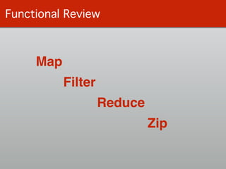 Functional Review
Map
Reduce
Filter
Zip
 