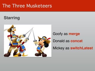 The Three Musketeers
Goofy as merge
Donald as concat
Mickey as switchLatest
Starring
 