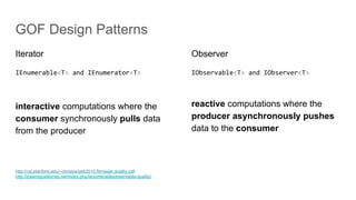 GOF Design Patterns
Iterator
IEnumerable<T> and IEnumerator<T>
interactive computations where the
consumer synchronously pulls data
from the producer
Observer
IObservable<T> and IObserver<T>
reactive computations where the
producer asynchronously pushes
data to the consumer
http://csl.stanford.edu/~christos/pldi2010.fit/meijer.duality.pdf
http://josemigueltorres.net/index.php/ienumerableiobservable-duality/
 