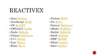  Java: RxJava
 JavaScript: RxJS
 C#: Rx.NET
 C#(Unity): UniRx
 Scala: RxScala
 Clojure: RxClojure
 C++: RxCpp
 Lua: RxLua
 Ruby: Rx.rb
 Python: RxPY
 Go: RxGo
 Groovy: RxGroovy
 JRuby: RxJRuby
 Kotlin: RxKotlin
 Swift: RxSwift
 PHP: RxPHP
 Elixir: reaxive
 Dart: RxDart
 