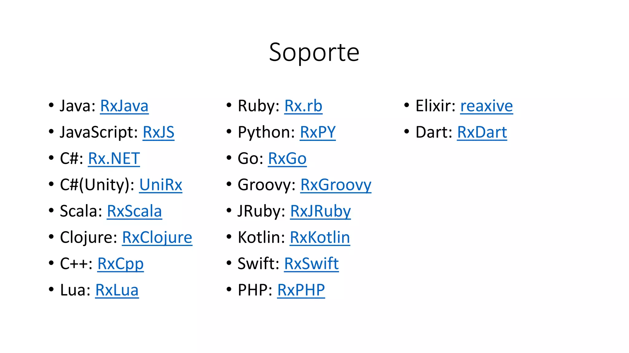 Soporte
• Java: RxJava
• JavaScript: RxJS
• C#: Rx.NET
• C#(Unity): UniRx
• Scala: RxScala
• Clojure: RxClojure
• C++: RxCpp
• Lua: RxLua
• Ruby: Rx.rb
• Python: RxPY
• Go: RxGo
• Groovy: RxGroovy
• JRuby: RxJRuby
• Kotlin: RxKotlin
• Swift: RxSwift
• PHP: RxPHP
• Elixir: reaxive
• Dart: RxDart
 