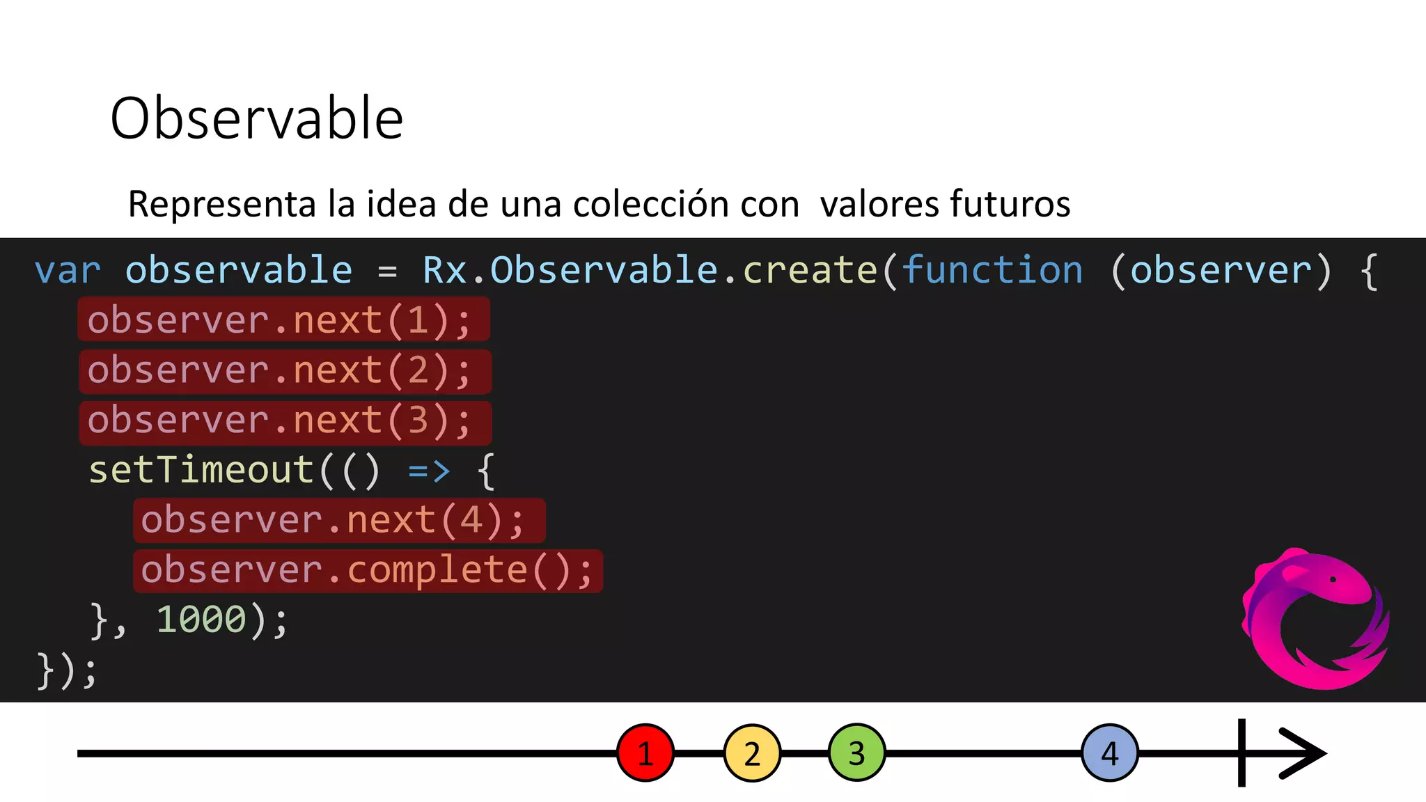 Observable
Representa la idea de una colección con valores futuros
var observable = Rx.Observable.create(function (observer) {
observer.next(1);
observer.next(2);
observer.next(3);
setTimeout(() => {
observer.next(4);
observer.complete();
}, 1000);
});
1 432
 