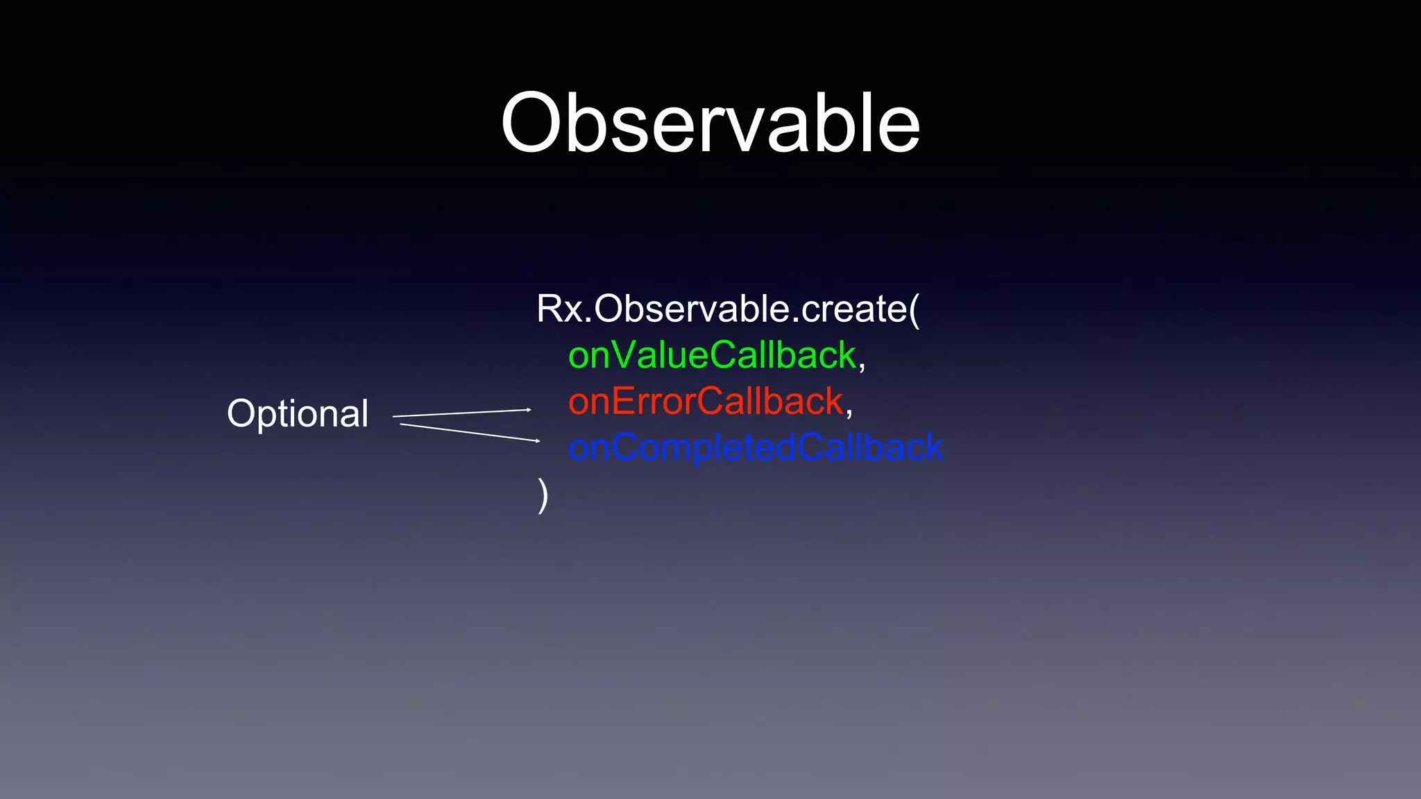 Observable
Rx.Observable.create(
onValueCallback,
onErrorCallback,
onCompletedCallback
)
Optional
 