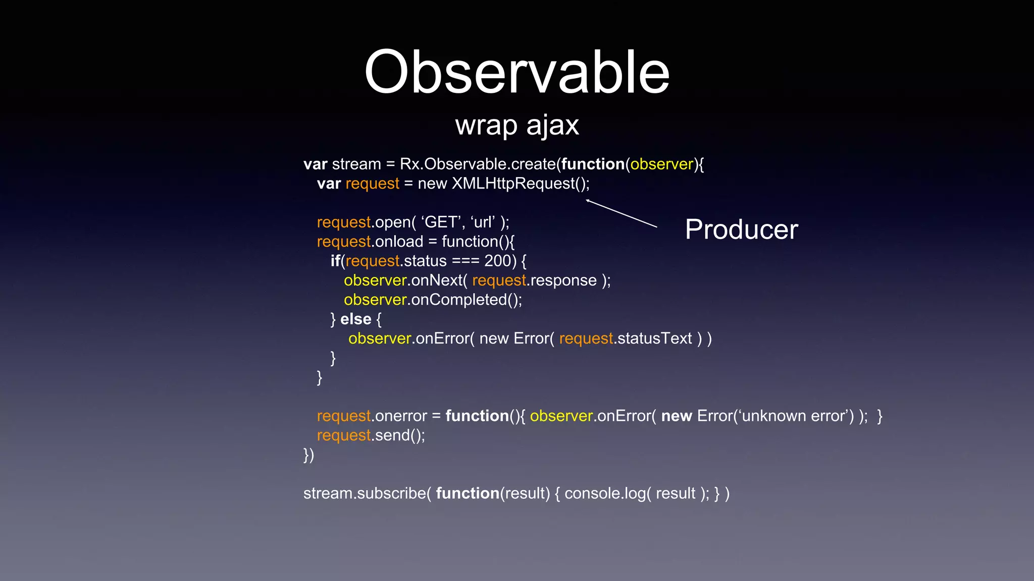 Observable
wrap ajax
var stream = Rx.Observable.create(function(observer){
var request = new XMLHttpRequest();
request.open( ‘GET’, ‘url’ );
request.onload = function(){
if(request.status === 200) {
observer.onNext( request.response );
observer.onCompleted();
} else {
observer.onError( new Error( request.statusText ) )
}
}
request.onerror = function(){ observer.onError( new Error(‘unknown error’) ); }
request.send();
})
stream.subscribe( function(result) { console.log( result ); } )
Producer
 