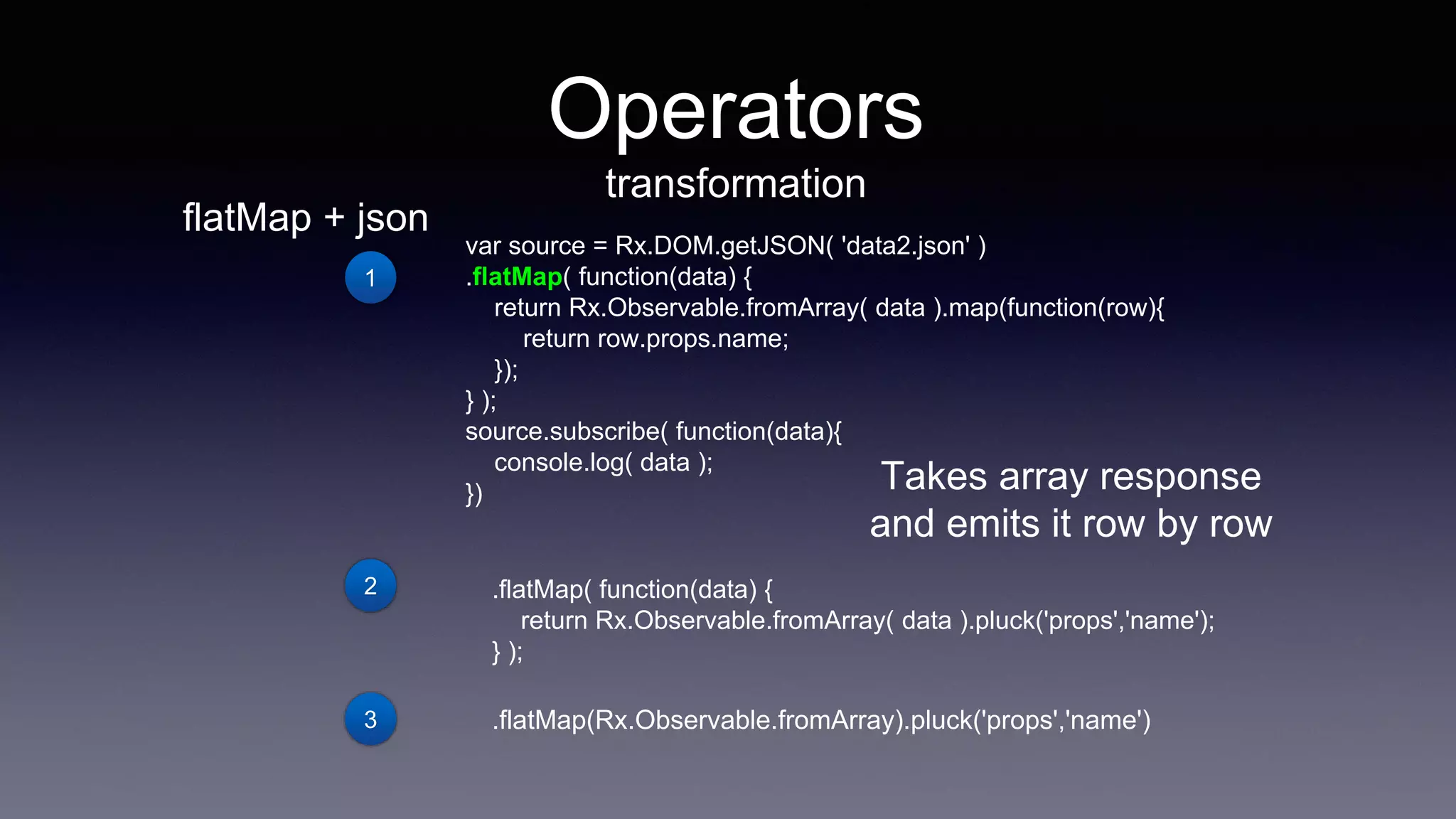 flatMap + json
var source = Rx.DOM.getJSON( 'data2.json' )
.flatMap( function(data) {
return Rx.Observable.fromArray( data ).map(function(row){
return row.props.name;
});
} );
source.subscribe( function(data){
console.log( data );
}) Takes array response
and emits it row by row
.flatMap( function(data) {
return Rx.Observable.fromArray( data ).pluck('props','name');
} );
.flatMap(Rx.Observable.fromArray).pluck('props','name')
Operators
transformation
1
2
3
 
