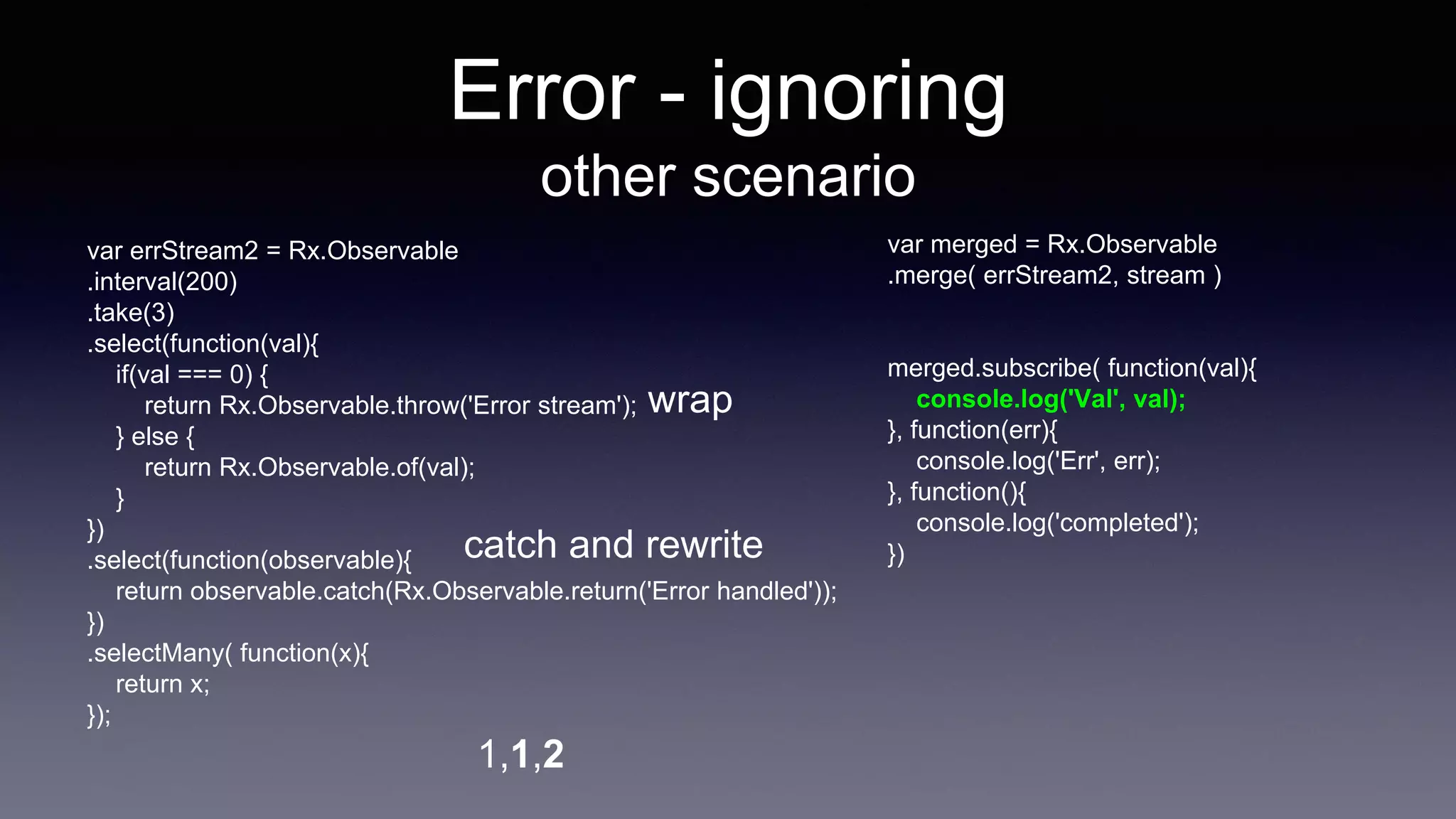 Error - ignoring
other scenario
var merged = Rx.Observable
.merge( errStream2, stream )
merged.subscribe( function(val){
console.log('Val', val);
}, function(err){
console.log('Err', err);
}, function(){
console.log('completed');
})
1,1,2
var errStream2 = Rx.Observable
.interval(200)
.take(3)
.select(function(val){
if(val === 0) {
return Rx.Observable.throw('Error stream');
} else {
return Rx.Observable.of(val);
}
})
.select(function(observable){
return observable.catch(Rx.Observable.return('Error handled'));
})
.selectMany( function(x){
return x;
});
wrap
catch and rewrite
 