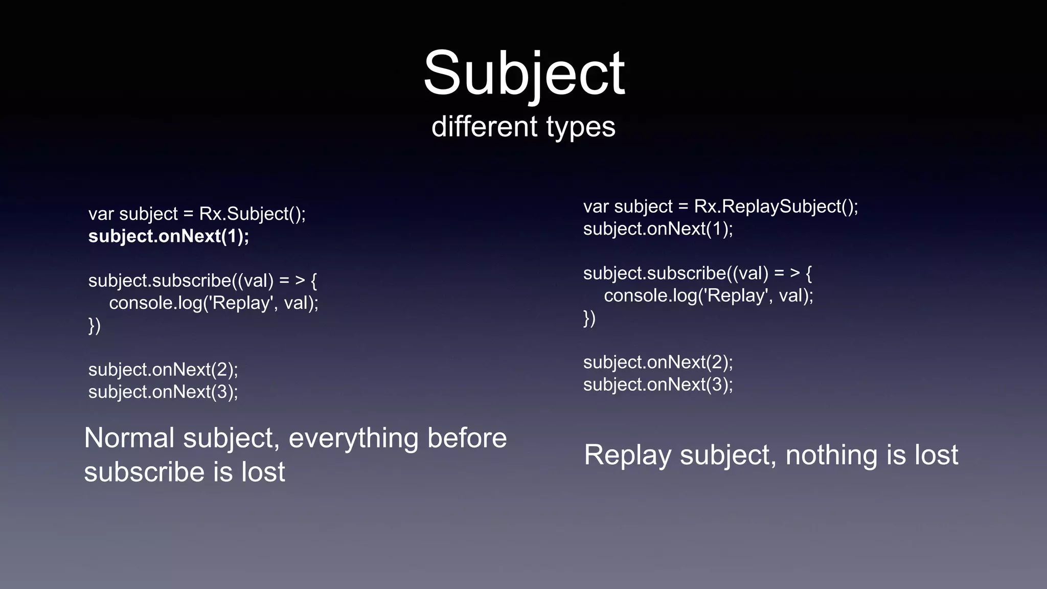 var subject = Rx.ReplaySubject();
subject.onNext(1);
subject.subscribe((val) = > {
console.log('Replay', val);
})
subject.onNext(2);
subject.onNext(3);
var subject = Rx.Subject();
subject.onNext(1);
subject.subscribe((val) = > {
console.log('Replay', val);
})
subject.onNext(2);
subject.onNext(3);
Subject
different types
Normal subject, everything before
subscribe is lost
Replay subject, nothing is lost
 