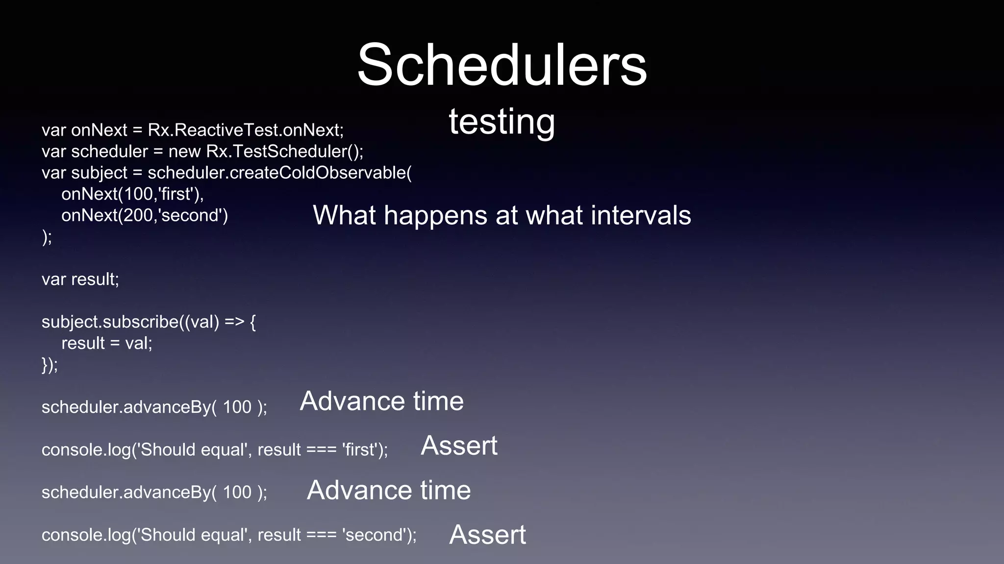 Schedulers
testingvar onNext = Rx.ReactiveTest.onNext;
var scheduler = new Rx.TestScheduler();
var subject = scheduler.createColdObservable(
onNext(100,'first'),
onNext(200,'second')
);
var result;
subject.subscribe((val) => {
result = val;
});
scheduler.advanceBy( 100 );
console.log('Should equal', result === 'first');
scheduler.advanceBy( 100 );
console.log('Should equal', result === 'second');
What happens at what intervals
Advance time
Assert
Advance time
Assert
 
