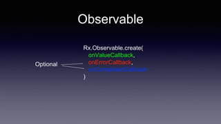 Observable
Rx.Observable.create(
onValueCallback,
onErrorCallback,
onCompletedCallback
)
Optional
 