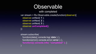 Observable
with completed
var stream = Rx.Observable.create(function(observer){
observer.onNext( 1 );
observer.onNext( 2 );
observer.onNext( 3 );
observer.onCompleted();
})
stream.subscribe(
function(data){ console.log( data ); },
function(error){ console.error( error ); },
function(){ console.info( “completed” ); }
)
 