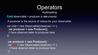 Cold observable = producer is not shared
var cold = new Observable((observer) => {
var producer = new Producer();
// have observer listen to producer here
});
var producer = new Producer();
var hot = new Observable((observer) => {
// have observer listen to producer here
});
A producer is the source of values for your observable.
Operators
multicasting
 