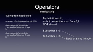 Going from hot to cold
Operators
multicasting
var stream = Rx.Observable.interval(1000);
stream.subscribe(function(val){
console.log('Subscriber 1', val);
});
stream.subscribe(function(val){
console.log('Subscriber 2', val);
});
By definition cold,
as both subscriber start from 0,1 ..
NOT shared
Subscriber 1 ,0
Subscriber 2 ,0
Starts on same number
 