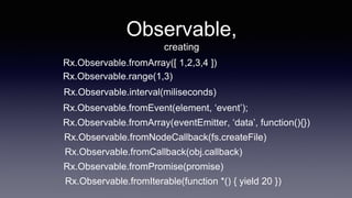 Observable,
creating
Rx.Observable.fromArray([ 1,2,3,4 ])
Rx.Observable.fromEvent(element, ‘event’);
Rx.Observable.fromArray(eventEmitter, ‘data’, function(){})
Rx.Observable.fromNodeCallback(fs.createFile)
Rx.Observable.fromCallback(obj.callback)
Rx.Observable.fromPromise(promise)
Rx.Observable.fromIterable(function *() { yield 20 })
Rx.Observable.range(1,3)
Rx.Observable.interval(miliseconds)
 