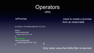 Operators
utility
toPromise Used to create a promise
from an observable
stream
.filter(function(val){
return val % 2 === 0;
})
.toPromise()
.then( function(val){
console.log('Promise', val);
}) 4
var stream = Rx.Observable.of(1,2,3,4,5);
Only latest value that fulfils filter is returned
 