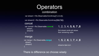 Operators
combination
concat
merge
var concat = Rx.Observable.concat(
stream,
stream2
);
var stream = Rx.Observable.fromArray([1,2,3,4]);
var stream2 = Rx.Observable.fromArray([5,6,7,8]);
1, 2, 3, 4, 5, 6, 7 ,8
var merge = Rx.Observable.merge(
stream,
stream2
);
1, 5, 2, 6, 3, 7, 4 ,8
first stream emits all values
then remaining value
streams take turn
There is difference so choose wisely
 