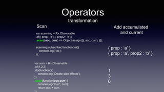 Operators
transformation
Scan
var scanning = Rx.Observable
.of({ prop : 'a'}, { prop2 : 'b'})
.scan((acc, curr) => Object.assign({}, acc, curr), {});
scanning.subscribe( function(val){
console.log( val );
});
Add accumulated
and current
var sum = Rx.Observable
.of(1,2,3)
.do(function(){
console.log('Create side effects');
})
.scan(function(acc,curr) {
console.log('Curr', curr);
return acc + curr;
{ prop : ‘a’ }
{ prop : ‘a’, prop2 : ‘b’ }
1
3
6
 