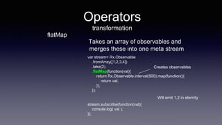 flatMap
Takes an array of observables and
merges these into one meta stream
var stream= Rx.Observable
.fromArray([1,2,3,4])
.take(2)
.flatMap(function(val){
return Rx.Observable.interval(500).map(function(){
return val;
});
});
stream.subscribe(function(val){
console.log( val );
});
Creates observables
Will emit 1,2 in eternity
Operators
transformation
 