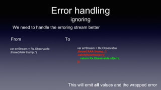 Error handling
ignoring
We need to handle the erroring stream better
From
var errStream = Rx.Observable
.throw('AAA thump..')
To
var errStream = Rx.Observable
.throw('AAA thump..')
.catch(function(err){
return Rx.Observable.of(err);
});
This will emit all values and the wrapped error
 