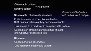 Observable pattern
Iterative pattern
Observer
Observable, observable sequence
= Rx pattern
Emits its values in order, like an iterator,
BUT pushes values as they become available
Has access to a producer in an observable pattern
Push-based behaviour,
don’t call us, we’ll call you
Consumer of an observable
Like listener in observable pattern
Doesn’t start streaming unless it has at least
one Observer subscribed to it
 
