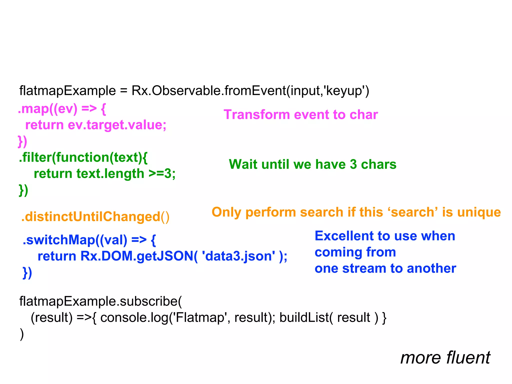 flatmapExample = Rx.Observable.fromEvent(input,'keyup')
flatmapExample.subscribe(
(result) =>{ console.log('Flatmap', result); buildList( result ) }
)
more fluent
Transform event to char.map((ev) => {
return ev.target.value;
})
Wait until we have 3 chars
.filter(function(text){
return text.length >=3;
})
Only perform search if this ‘search’ is unique.distinctUntilChanged()
Excellent to use when
coming from
one stream to another
.switchMap((val) => {
return Rx.DOM.getJSON( 'data3.json' );
})
 