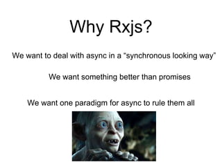 Why Rxjs?
We want to deal with async in a “synchronous looking way”
We want something better than promises
We want one paradigm for async to rule them all
 