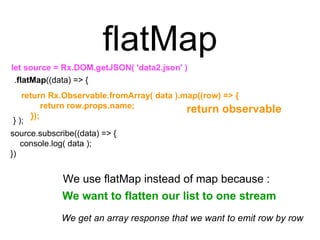 source.subscribe((data) => {
console.log( data );
})
flatMap
let source = Rx.DOM.getJSON( 'data2.json' )
return Rx.Observable.fromArray( data ).map((row) => {
return row.props.name;
});
return observable
.flatMap((data) => {
} );
We get an array response that we want to emit row by row
We use flatMap instead of map because :
We want to flatten our list to one stream
 
