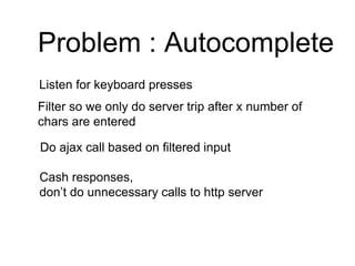 Problem : Autocomplete
Listen for keyboard presses
Filter so we only do server trip after x number of
chars are entered
Do ajax call based on filtered input
Cash responses,
don’t do unnecessary calls to http server
 