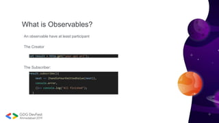 What is Observables?
An observable have at least participant
The Creator
The Subscriber:
result.subscribe(){
next => {handleYourEmittedValue(next)},
console.error,
()=> console.log("All finished");
}
let result = http.get("your api url");
 