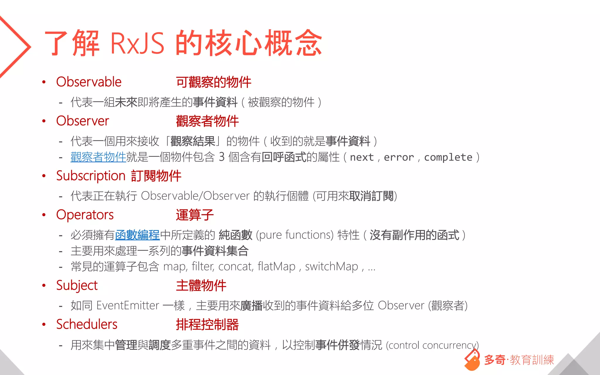 了解 RxJS 的核心概念
• Observable 可觀察的物件
- 代表一組未來即將產生的事件資料 ( 被觀察的物件 )
• Observer 觀察者物件
- 代表一個用來接收「觀察結果」的物件 ( 收到的就是事件資料 )
- 觀察者物件就是一個物件包含 3 個含有回呼函式的屬性 ( next , error , complete )
• Subscription 訂閱物件
- 代表正在執行 Observable/Observer 的執行個體 (可用來取消訂閱)
• Operators 運算子
- 必須擁有函數編程中所定義的 純函數 (pure functions) 特性 ( 沒有副作用的函式 )
- 主要用來處理一系列的事件資料集合
- 常見的運算子包含 map, filter, concat, flatMap , switchMap , …
• Subject 主體物件
- 如同 EventEmitter 一樣，主要用來廣播收到的事件資料給多位 Observer (觀察者)
• Schedulers 排程控制器
- 用來集中管理與調度多重事件之間的資料，以控制事件併發情況 (control concurrency)
 