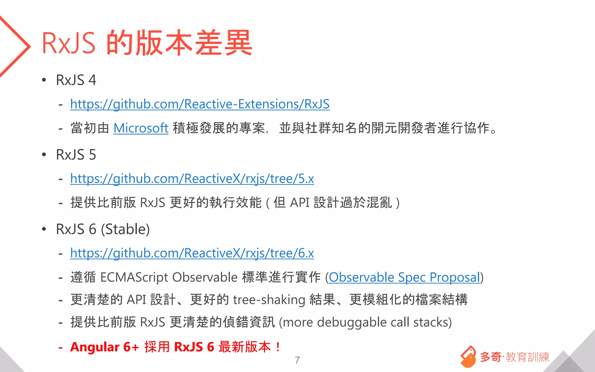 RxJS 的版本差異
• RxJS 4
- https://github.com/Reactive-Extensions/RxJS
- 當初由 Microsoft 積極發展的專案，並與社群知名的開元開發者進行協作。
• RxJS 5
- https://github.com/ReactiveX/rxjs/tree/5.x
- 提供比前版 RxJS 更好的執行效能 ( 但 API 設計過於混亂 )
• RxJS 6 (Stable)
- https://github.com/ReactiveX/rxjs/tree/6.x
- 遵循 ECMAScript Observable 標準進行實作 (Observable Spec Proposal)
- 更清楚的 API 設計、更好的 tree-shaking 結果、更模組化的檔案結構
- 提供比前版 RxJS 更清楚的偵錯資訊 (more debuggable call stacks)
- Angular 6+ 採用 RxJS 6 最新版本！
7
 
