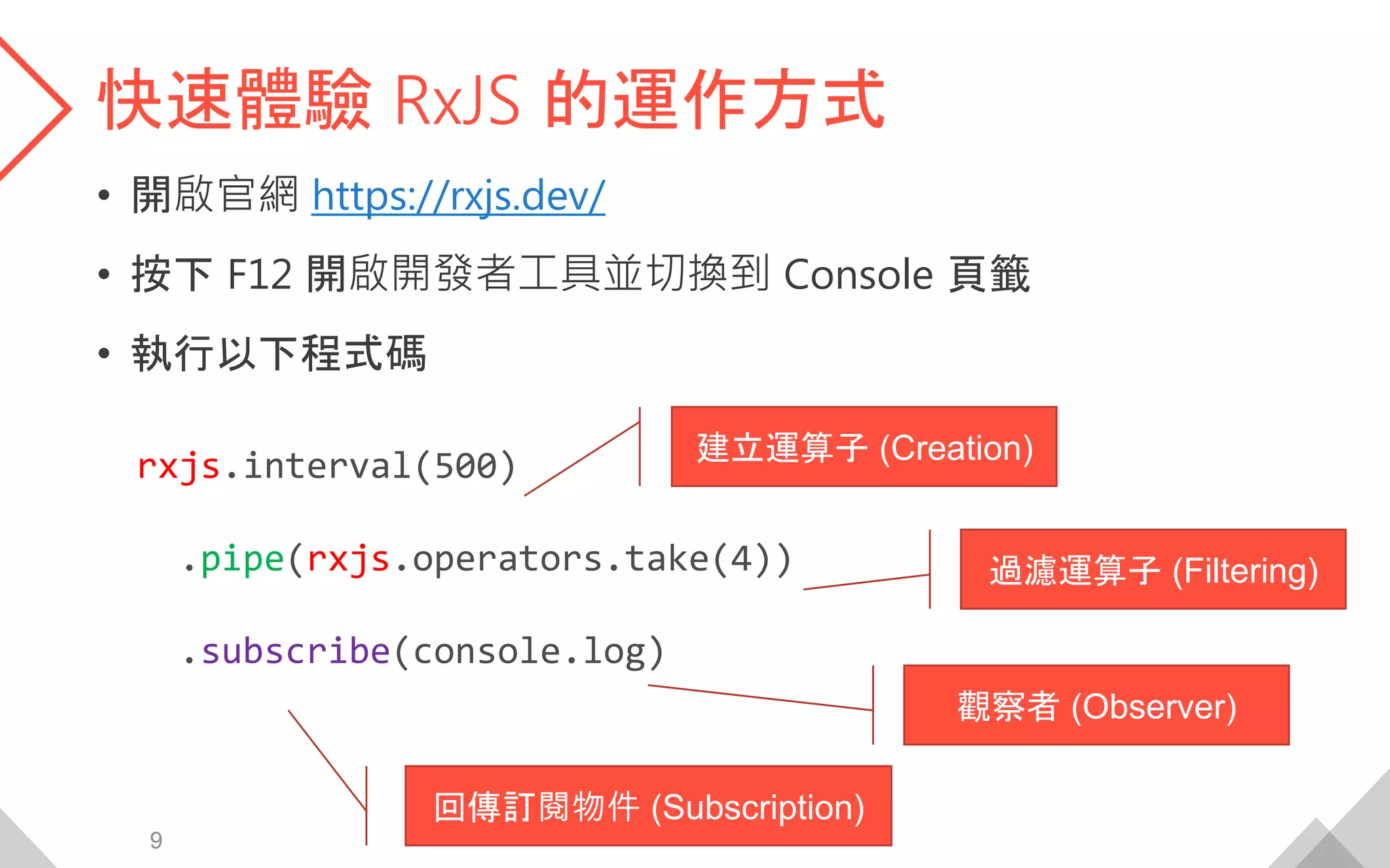快速體驗 RxJS 的運作方式
• 開啟官網 https://rxjs.dev/
• 按下 F12 開啟開發者工具並切換到 Console 頁籤
• 執行以下程式碼
rxjs.interval(500)
.pipe(rxjs.operators.take(4))
.subscribe(console.log)
9
建立運算子 (Creation)
過濾運算子 (Filtering)
觀察者 (Observer)
回傳訂閱物件 (Subscription)
 