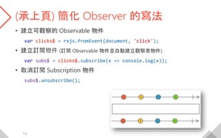 (承上頁) 簡化 Observer 的寫法
• 建立可觀察的 Observable 物件
var clicks$ = rxjs.fromEvent(document, 'click');
• 建立訂閱物件 (訂閱 Observable 物件並自動建立觀察者物件)
var subs$ = clicks$.subscribe(x => console.log(x));
• 取消訂閱 Subscription 物件
subs$.unsubscribe();
13
 
