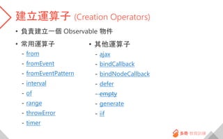 建立運算子 (Creation Operators)
• 負責建立一個 Observable 物件
• 常用運算子
- from
- fromEvent
- fromEventPattern
- interval
- of
- range
- throwError
- timer
• 其他運算子
- ajax
- bindCallback
- bindNodeCallback
- defer
- empty
- generate
- iif
 