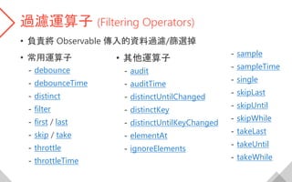 過濾運算子 (Filtering Operators)
• 負責將 Observable 傳入的資料過濾/篩選掉
• 常用運算子
- debounce
- debounceTime
- distinct
- filter
- first / last
- skip / take
- throttle
- throttleTime
• 其他運算子
- audit
- auditTime
- distinctUntilChanged
- distinctKey
- distinctUntilKeyChanged
- elementAt
- ignoreElements
- sample
- sampleTime
- single
- skipLast
- skipUntil
- skipWhile
- takeLast
- takeUntil
- takeWhile
 