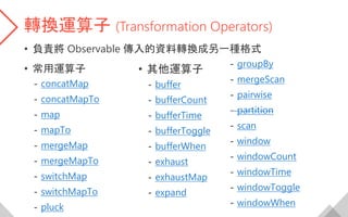 轉換運算子 (Transformation Operators)
• 負責將 Observable 傳入的資料轉換成另一種格式
• 常用運算子
- concatMap
- concatMapTo
- map
- mapTo
- mergeMap...
