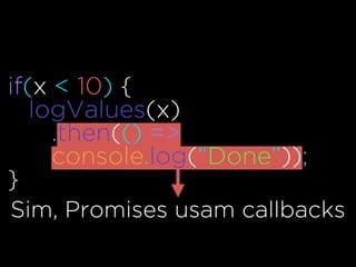 if(x < 10) {
logValues(x)
.then(() =>
console.log(“Done”));
}
Sim, Promises usam callbacks
 