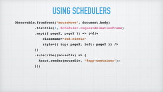 USING SCHEDULERS
Observable.fromEvent(“mouseMove”, document.body)
.throttle(1, Scheduler.requestAnimationFrame)
.map(({ pageX, pageY }) => (<div
className=“red-circle”
style={{ top: pageX, left: pageY }} />
))
.subscribe((mouseDiv) => {
React.render(mouseDiv, “#app-container”);
});
 