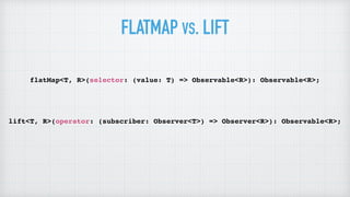 FLATMAP VS. LIFT
flatMap<T, R>(selector: (value: T) => Observable<R>): Observable<R>;
lift<T, R>(operator: (subscriber: Observer<T>) => Observer<R>): Observable<R>;
 