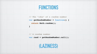 FUNCTIONS
// The “idea” of a random number
var getRandomNumber = function() {
return Math.random();
}
// A random number
var rand = getRandomNumber.call();
(LAZINESS)
 