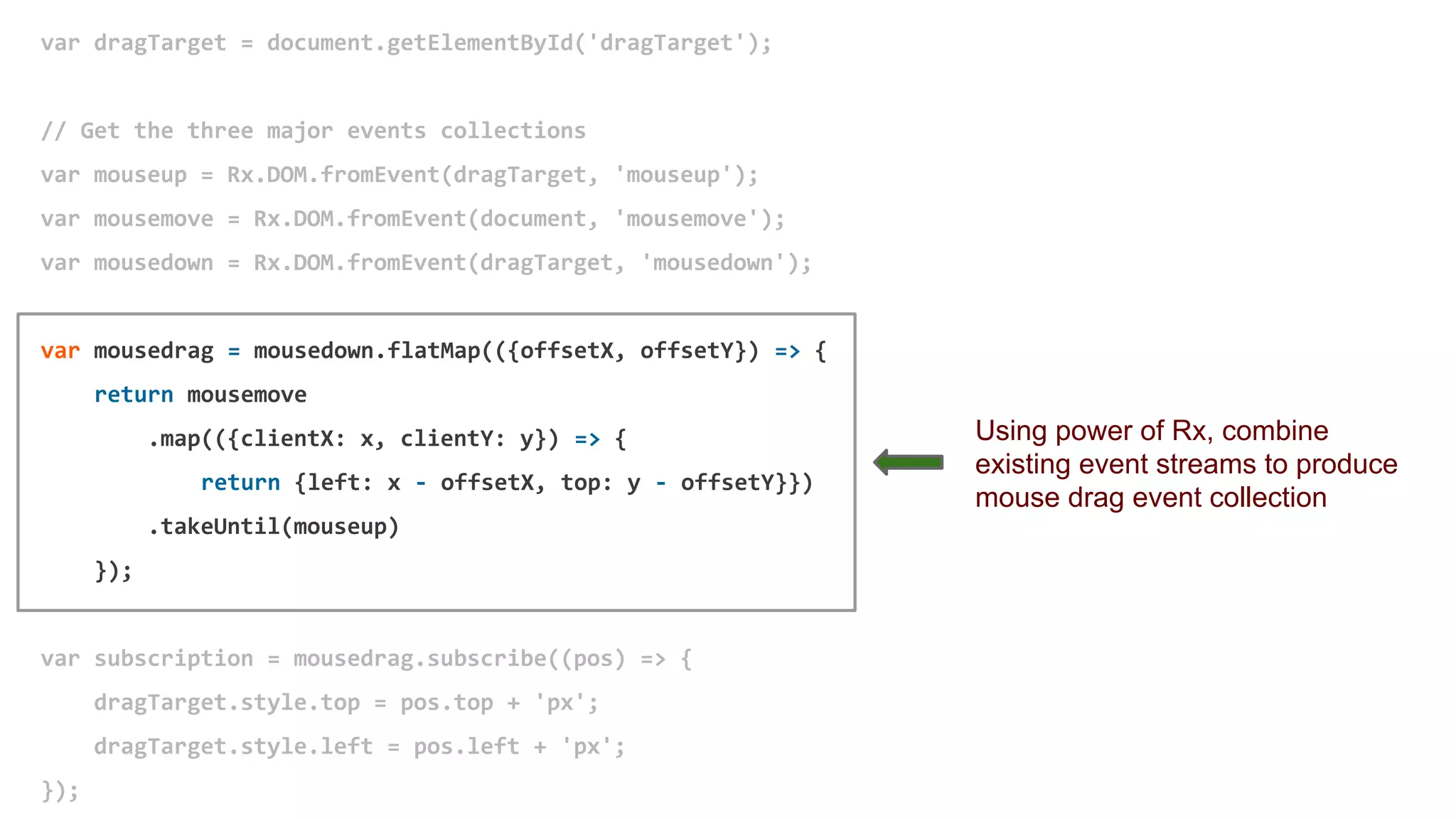 var dragTarget = document.getElementById('dragTarget');
// Get the three major events collections
var mouseup = Rx.DOM.fromEvent(dragTarget, 'mouseup');
var mousemove = Rx.DOM.fromEvent(document, 'mousemove');
var mousedown = Rx.DOM.fromEvent(dragTarget, 'mousedown');
var mousedrag = mousedown.flatMap(({offsetX, offsetY}) => {
return mousemove
.map(({clientX: x, clientY: y}) => {
return {left: x - offsetX, top: y - offsetY}})
.takeUntil(mouseup)
});
var subscription = mousedrag.subscribe((pos) => {
dragTarget.style.top = pos.top + 'px';
dragTarget.style.left = pos.left + 'px';
});
Using power of Rx, combine
existing event streams to produce
mouse drag event collection
 