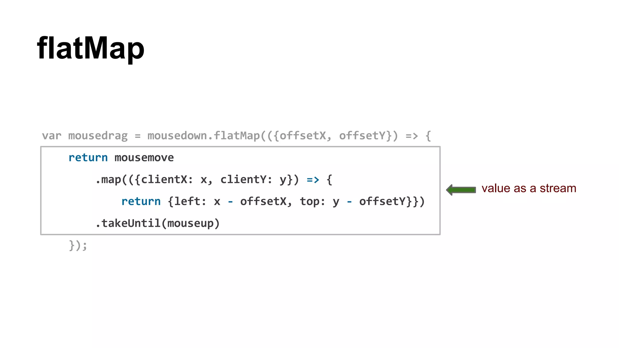 flatMap
var mousedrag = mousedown.flatMap(({offsetX, offsetY}) => {
return mousemove
.map(({clientX: x, clientY: y}) => {
return {left: x - offsetX, top: y - offsetY}})
.takeUntil(mouseup)
});
value as a stream
 